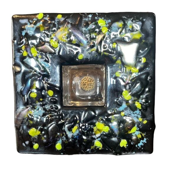 Fused Art Glass Ikebana Flower Vase with Frog Yellow Black Square Geometric 6" - Picture 1 of 4